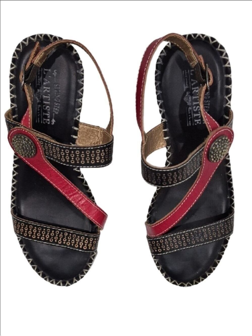 L'artiste Red and Black Stud Accent Leather Slingback Sandals - Picture 2 of 15